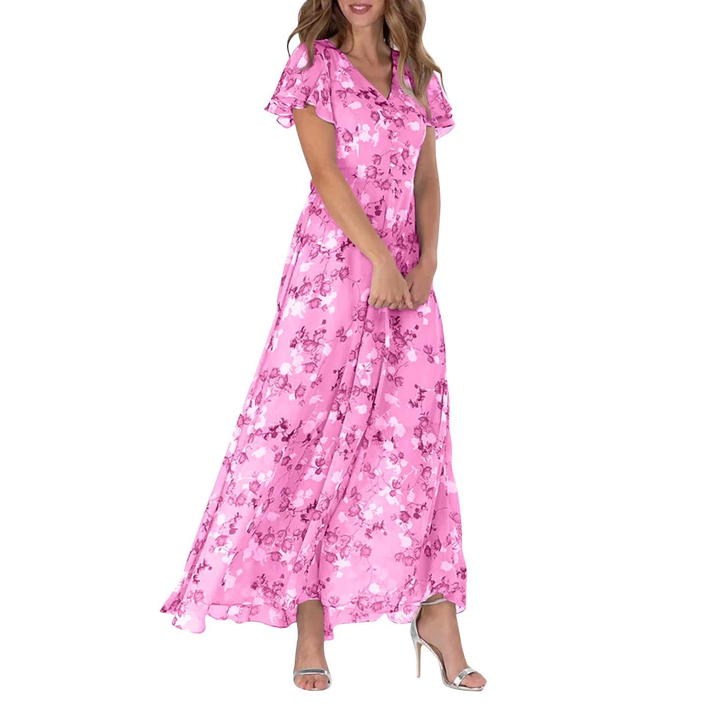 Women Floral Chiffon Chic Ruffled Midi Dress Summer Fashion Short Sleeve V Neck Dress 2024 Korean Elegant Beach Dresses