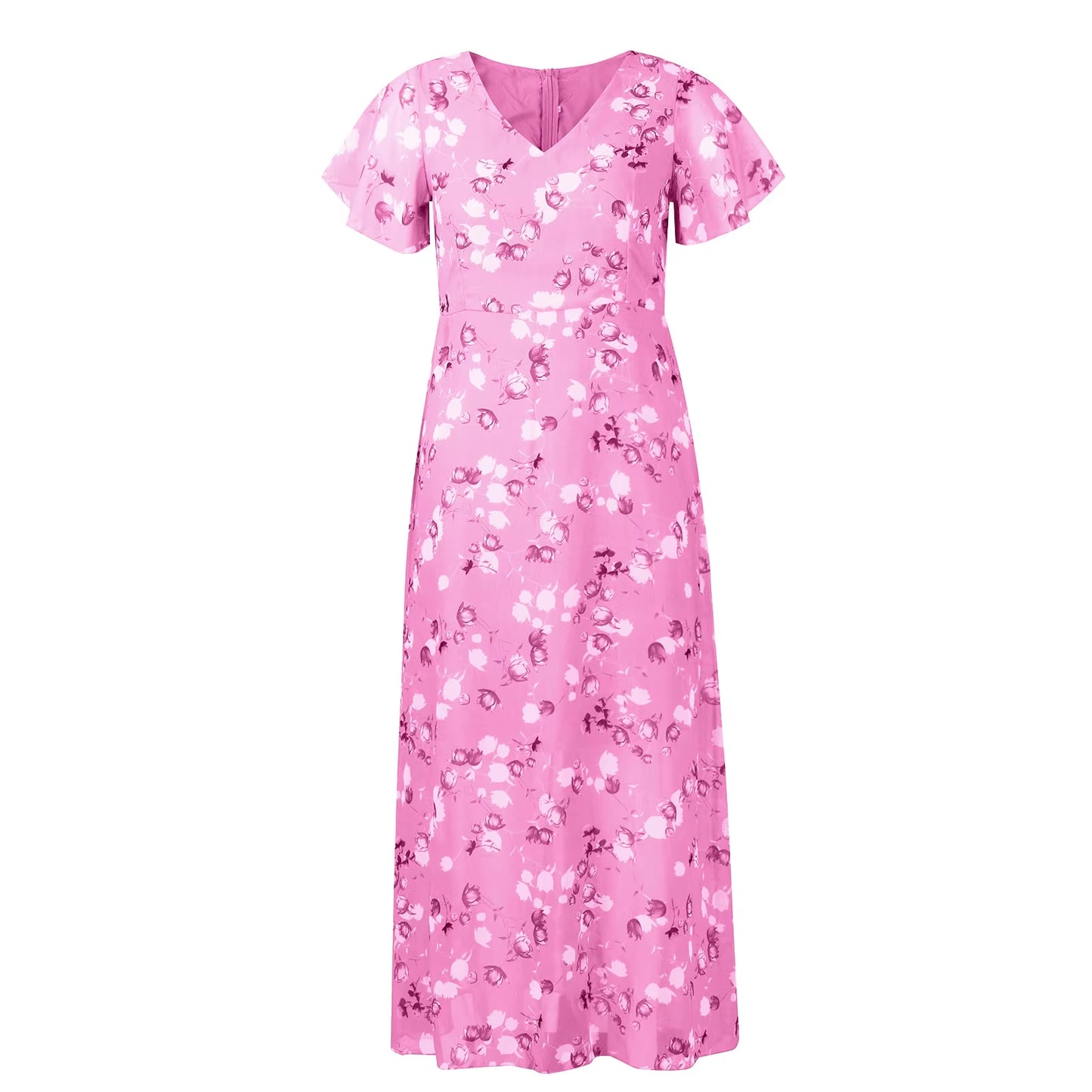 Women Floral Chiffon Chic Ruffled Midi Dress Summer Fashion Short Sleeve V Neck Dress 2024 Korean Elegant Beach Dresses