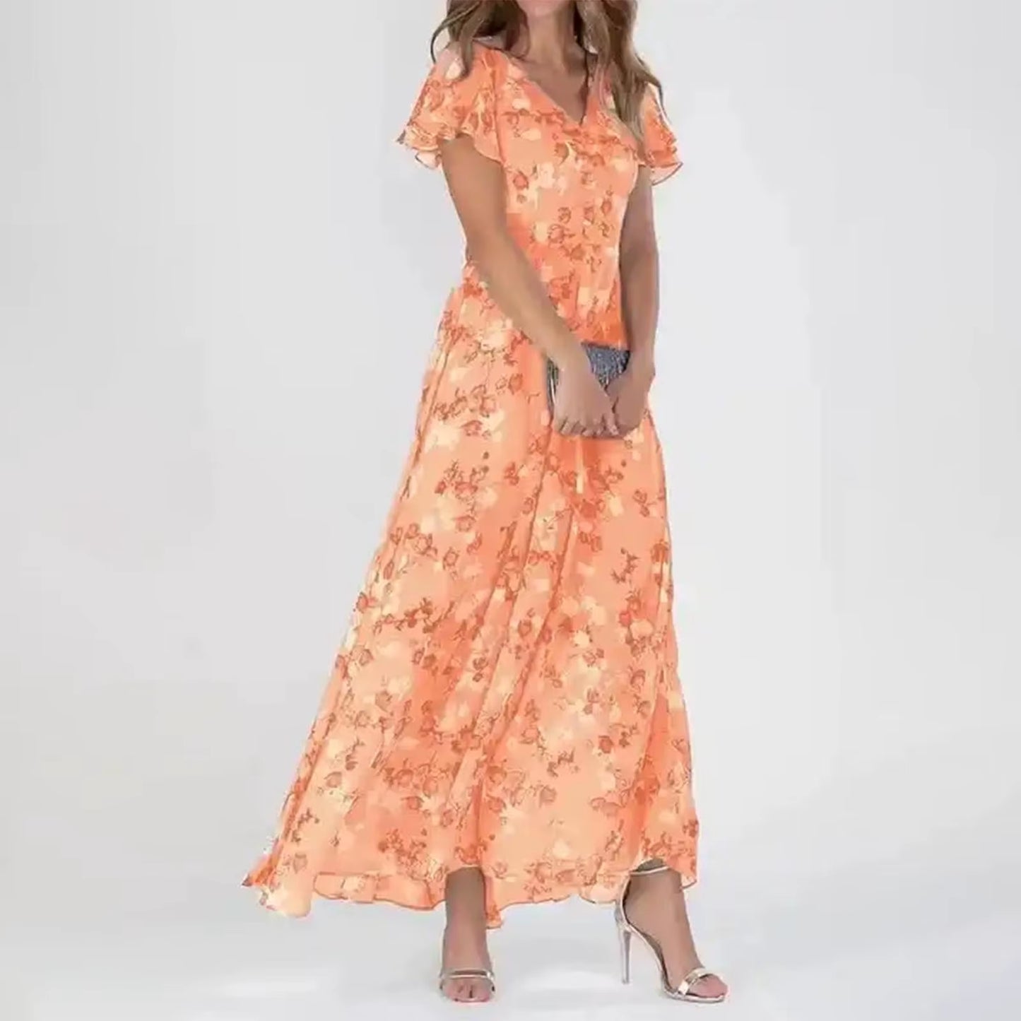 Women Floral Chiffon Chic Ruffled Midi Dress Summer Fashion Short Sleeve V Neck Dress 2024 Korean Elegant Beach Dresses