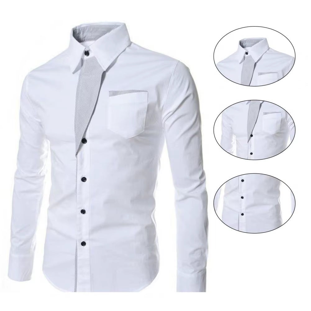 Popular Men Shirt Single-Breasted Streetwear White Male Dress Shirt Temperament Contrast Color Shirt