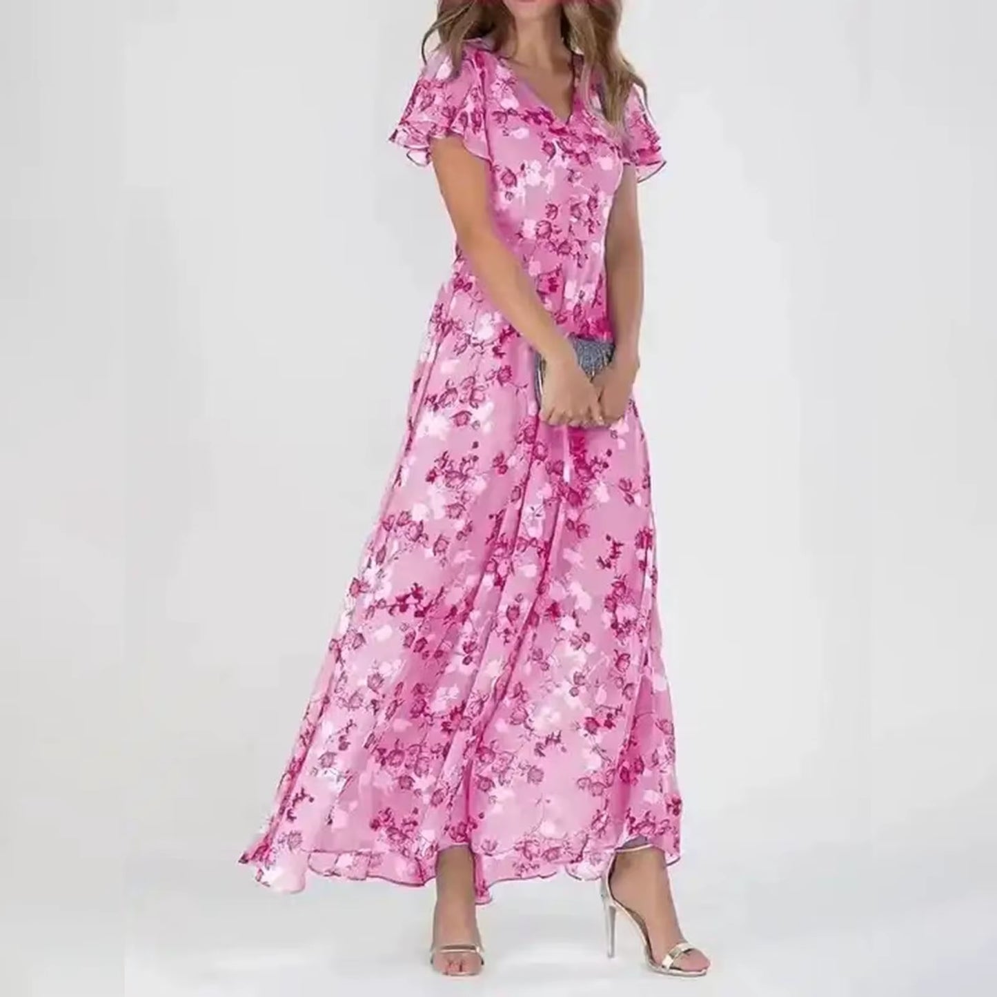 Women Floral Chiffon Chic Ruffled Midi Dress Summer Fashion Short Sleeve V Neck Dress 2024 Korean Elegant Beach Dresses