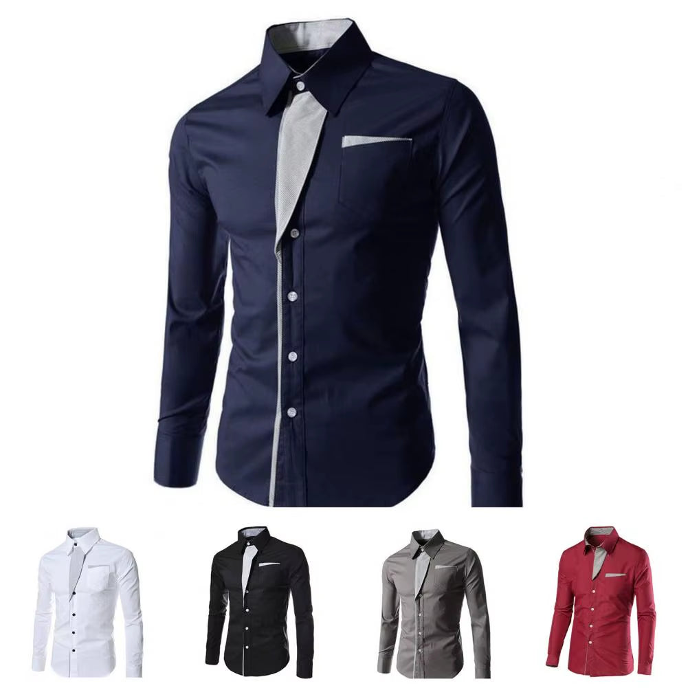 Popular Men Shirt Single-Breasted Streetwear White Male Dress Shirt Temperament Contrast Color Shirt