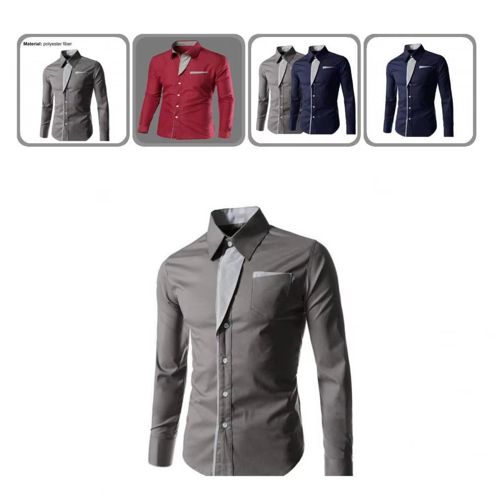 Popular Men Shirt Single-Breasted Streetwear White Male Dress Shirt Temperament Contrast Color Shirt