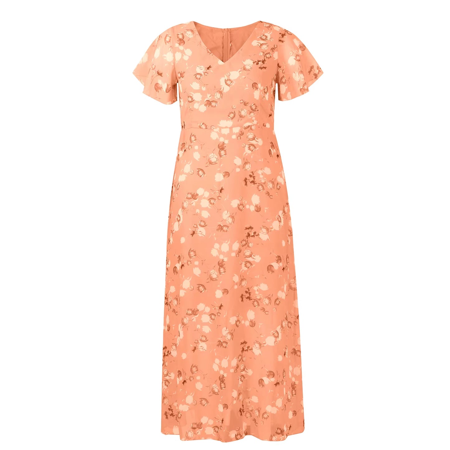 Women Floral Chiffon Chic Ruffled Midi Dress Summer Fashion Short Sleeve V Neck Dress 2024 Korean Elegant Beach Dresses