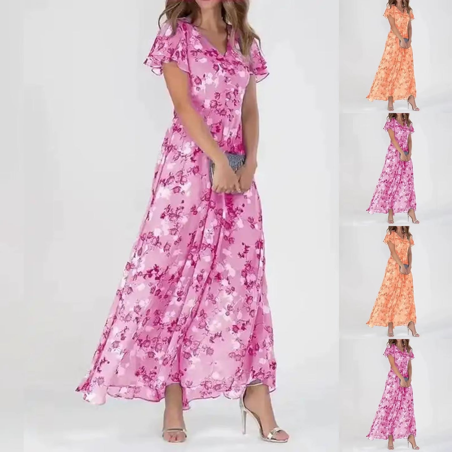 Women Floral Chiffon Chic Ruffled Midi Dress Summer Fashion Short Sleeve V Neck Dress 2024 Korean Elegant Beach Dresses