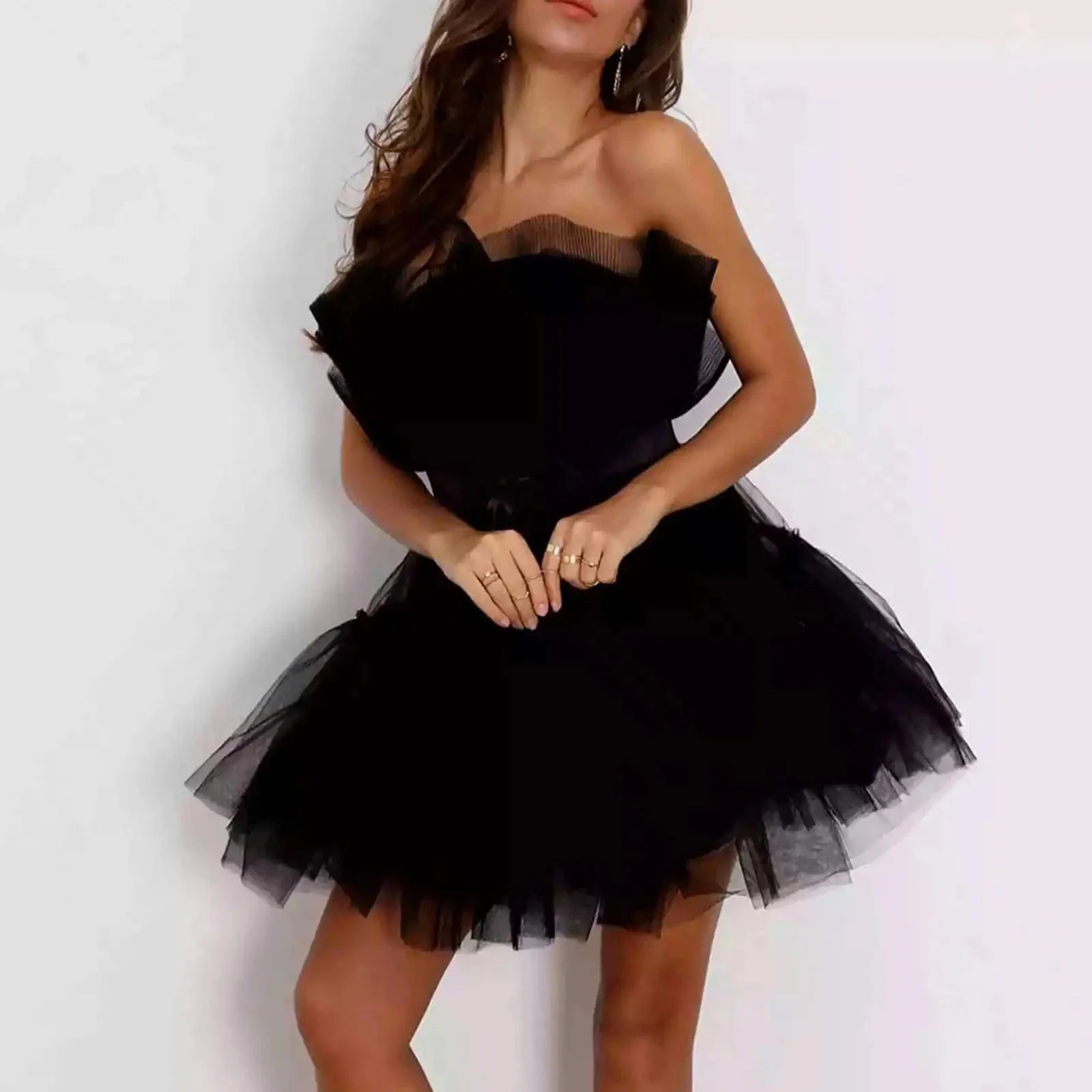 Tulle Prom Puffy Solid Color Dress Strapless Mesh Birthday Fairy Short Dresses Party Wedding Waistband Formal Dress Women