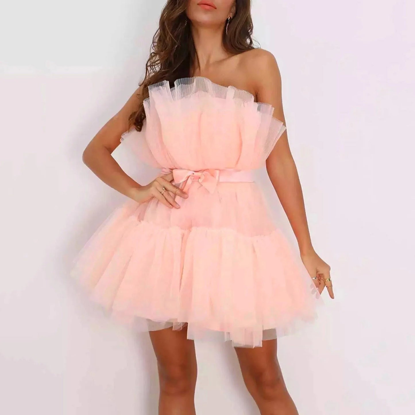Tulle Prom Puffy Solid Color Dress Strapless Mesh Birthday Fairy Short Dresses Party Wedding Waistband Formal Dress Women