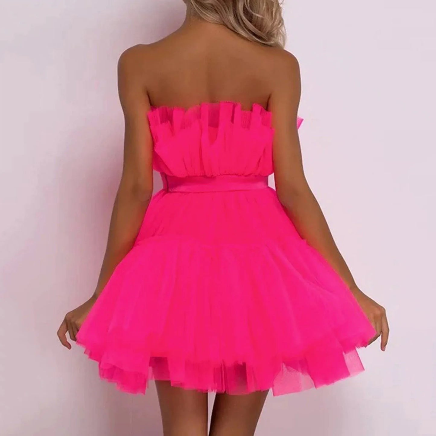 Tulle Prom Puffy Solid Color Dress Strapless Mesh Birthday Fairy Short Dresses Party Wedding Waistband Formal Dress Women