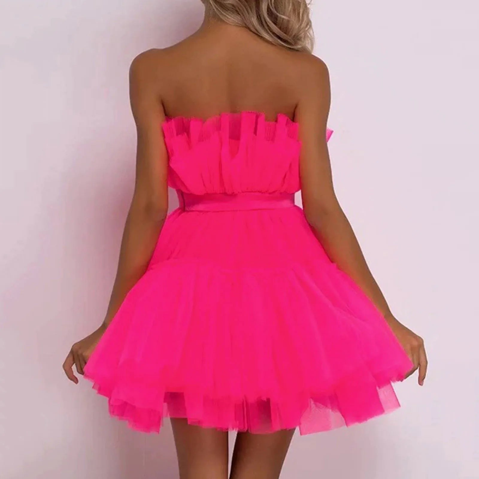 Tulle Prom Puffy Solid Color Dress Strapless Mesh Birthday Fairy Short Dresses Party Wedding Waistband Formal Dress Women