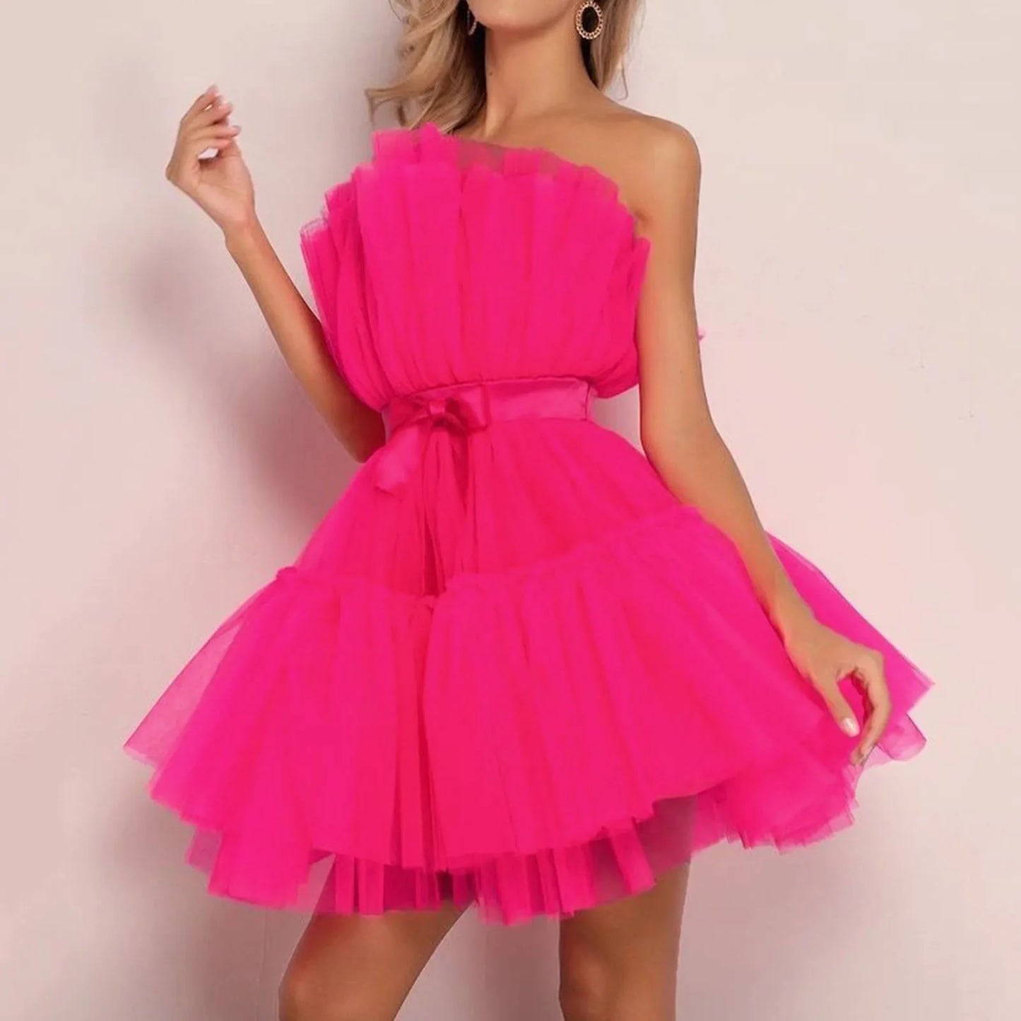 Tulle Prom Puffy Solid Color Dress Strapless Mesh Birthday Fairy Short Dresses Party Wedding Waistband Formal Dress Women