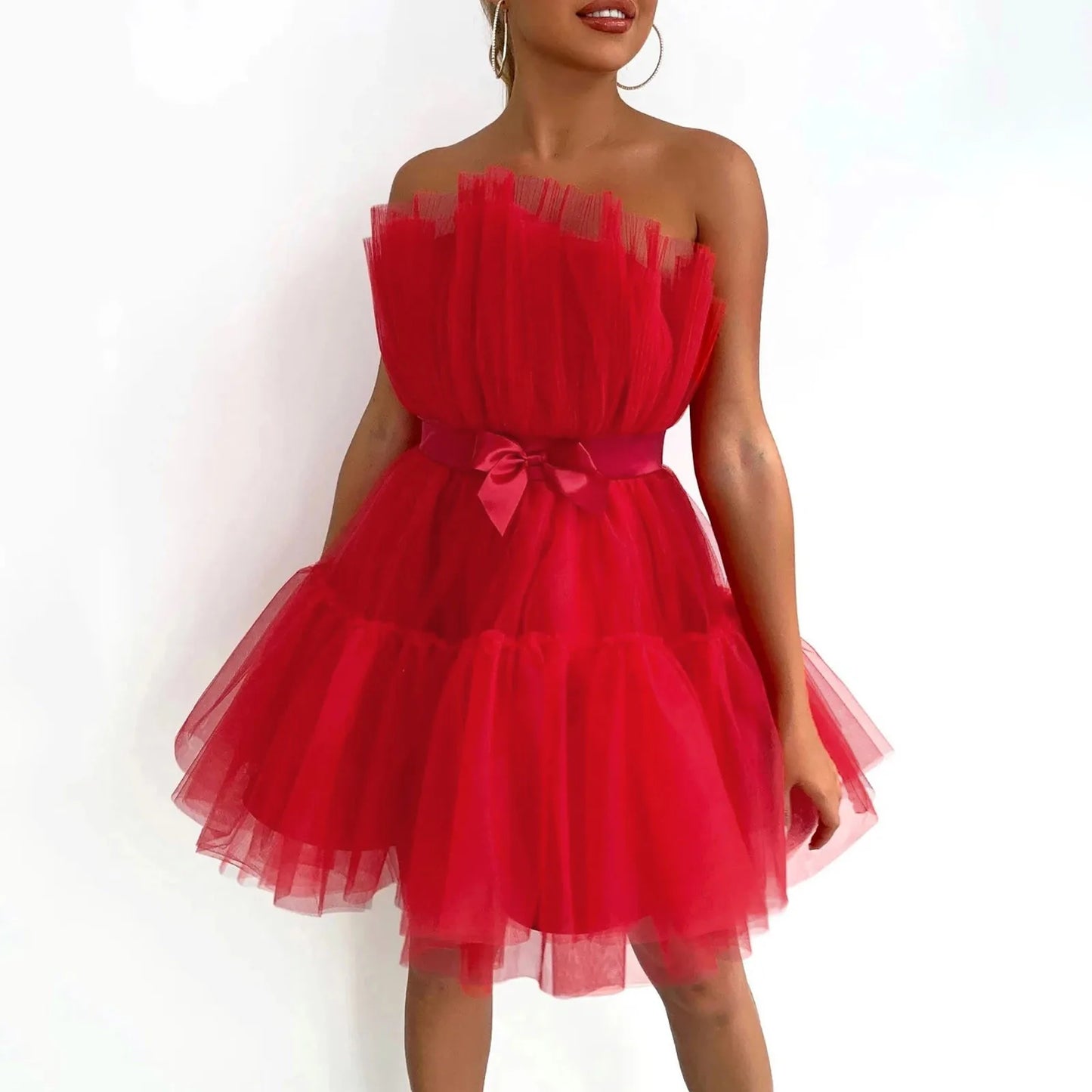 Tulle Prom Puffy Solid Color Dress Strapless Mesh Birthday Fairy Short Dresses Party Wedding Waistband Formal Dress Women