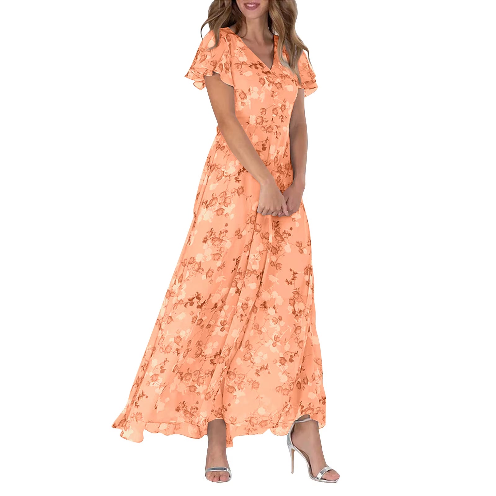 Women Floral Chiffon Chic Ruffled Midi Dress Summer Fashion Short Sleeve V Neck Dress 2024 Korean Elegant Beach Dresses