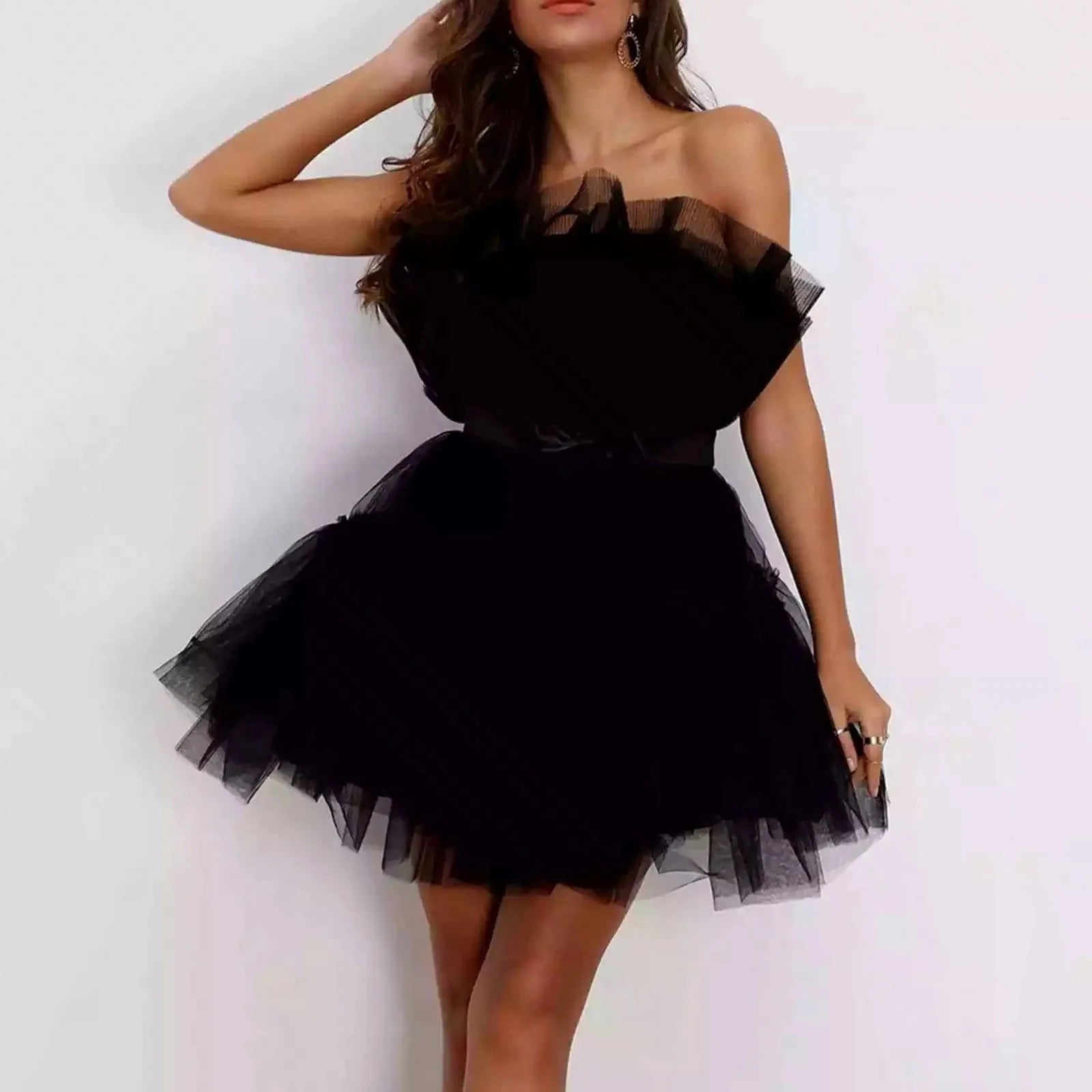 Tulle Prom Puffy Solid Color Dress Strapless Mesh Birthday Fairy Short Dresses Party Wedding Waistband Formal Dress Women